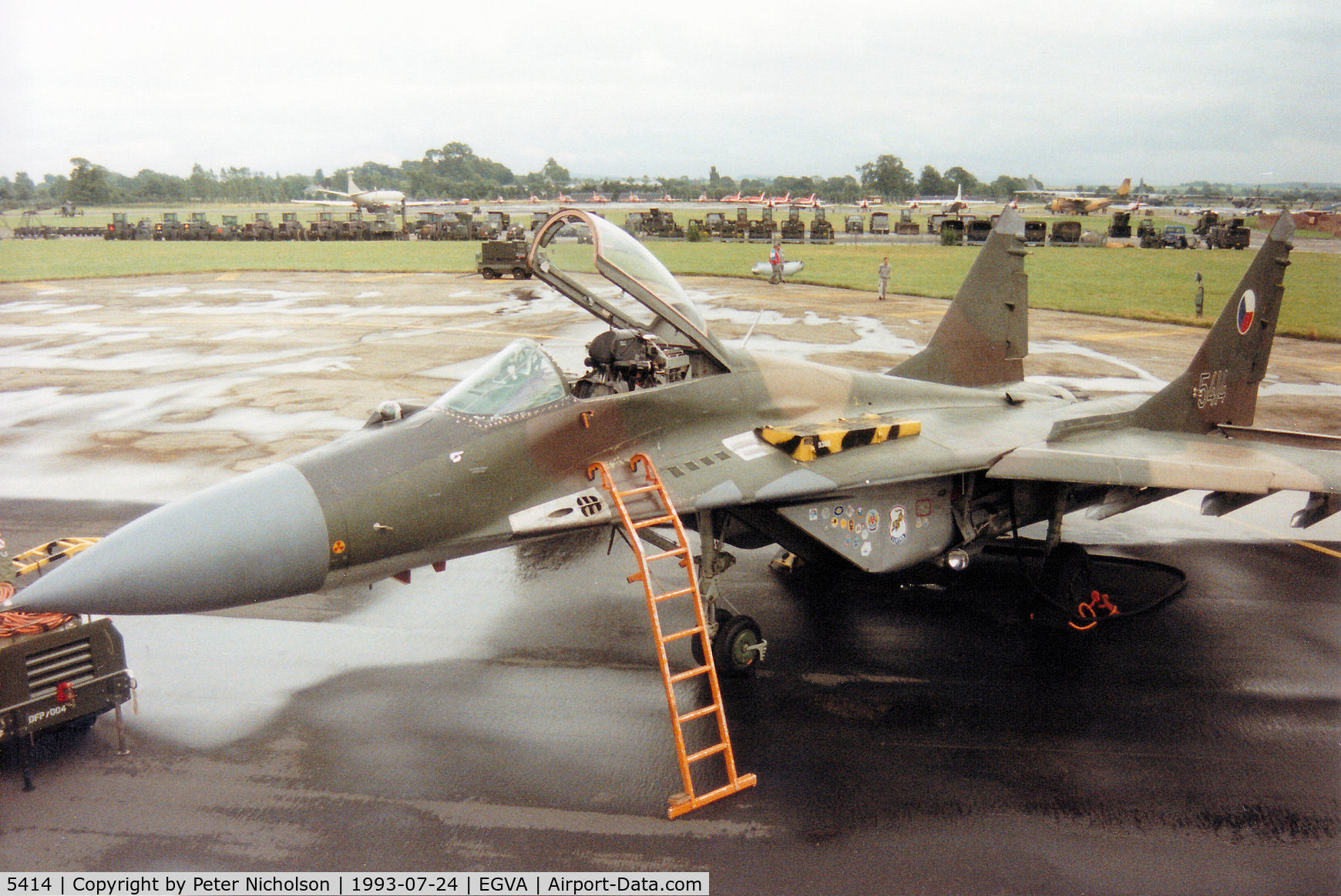5414, Mikoyan-Gurevich MiG-29 C/N 32354, MiG-29 Fulcrum A of 11 SLP Czech Air Force based at Ceske Budejovice on the flight-line at the 1993 Intnl Air Tattoo at RAF Fairford.