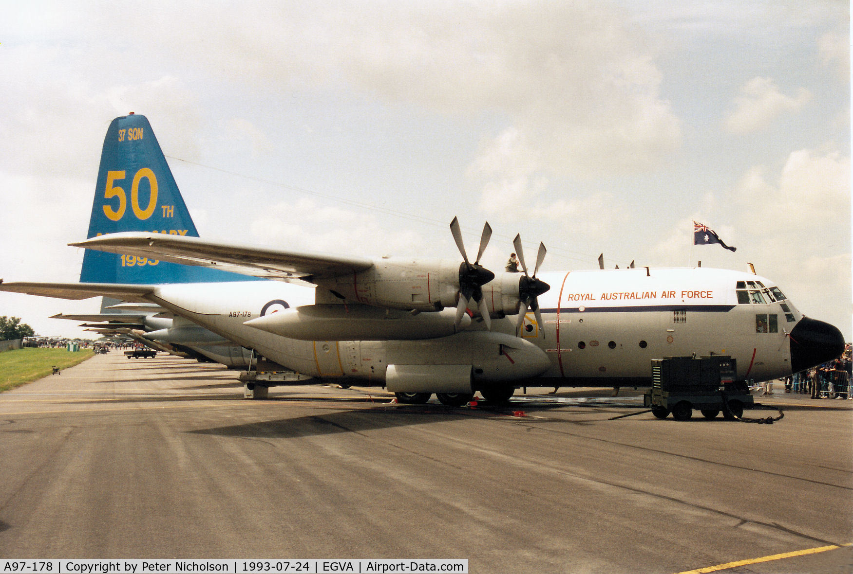 A97-178, Lockheed C-130E Hercules C/N 382-4178, C-130E Hercules, callsign Aussie 163, of 37 Squadron Royal Australian Air Force on display at the 1993 Intnl Air Tattoo at RAF Fairford.