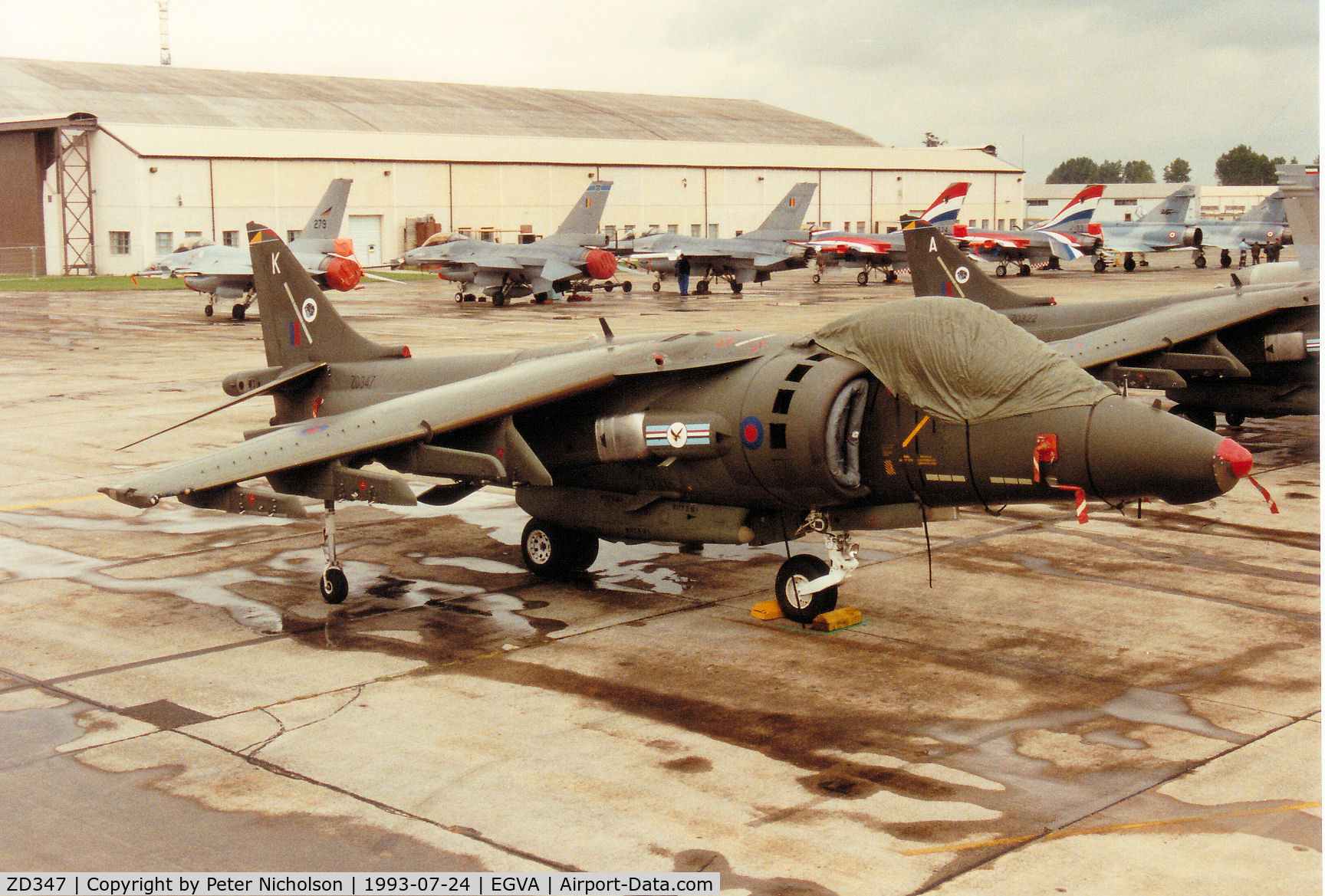 ZD347, 1988 British Aerospace Harrier GR.5 C/N P14, Harrier GR.5, callsign Wildcat 2, of 20[Reserve] Squadron at RAF Wittering on the flight-line at the 1993 Intnl Air Tattoo at RAF Fairford.