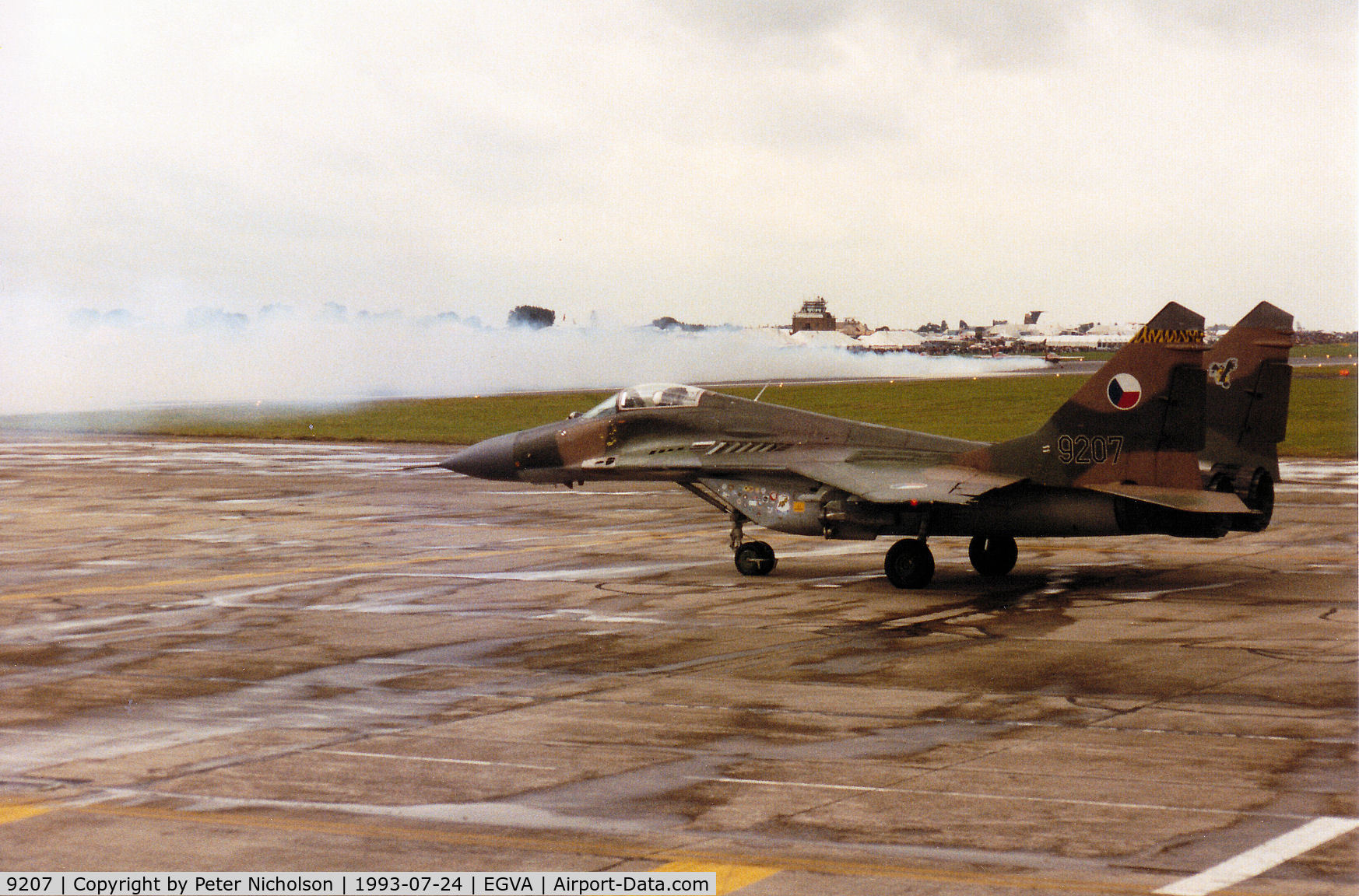 9207, Mikoyan-Gurevich MiG-29A C/N 26392, MiG-29A Fulcrum of the Czech Air Force awaiting clearance to join the active runway at the 1993 Intnl Air Tattoo at RAF Fairford.