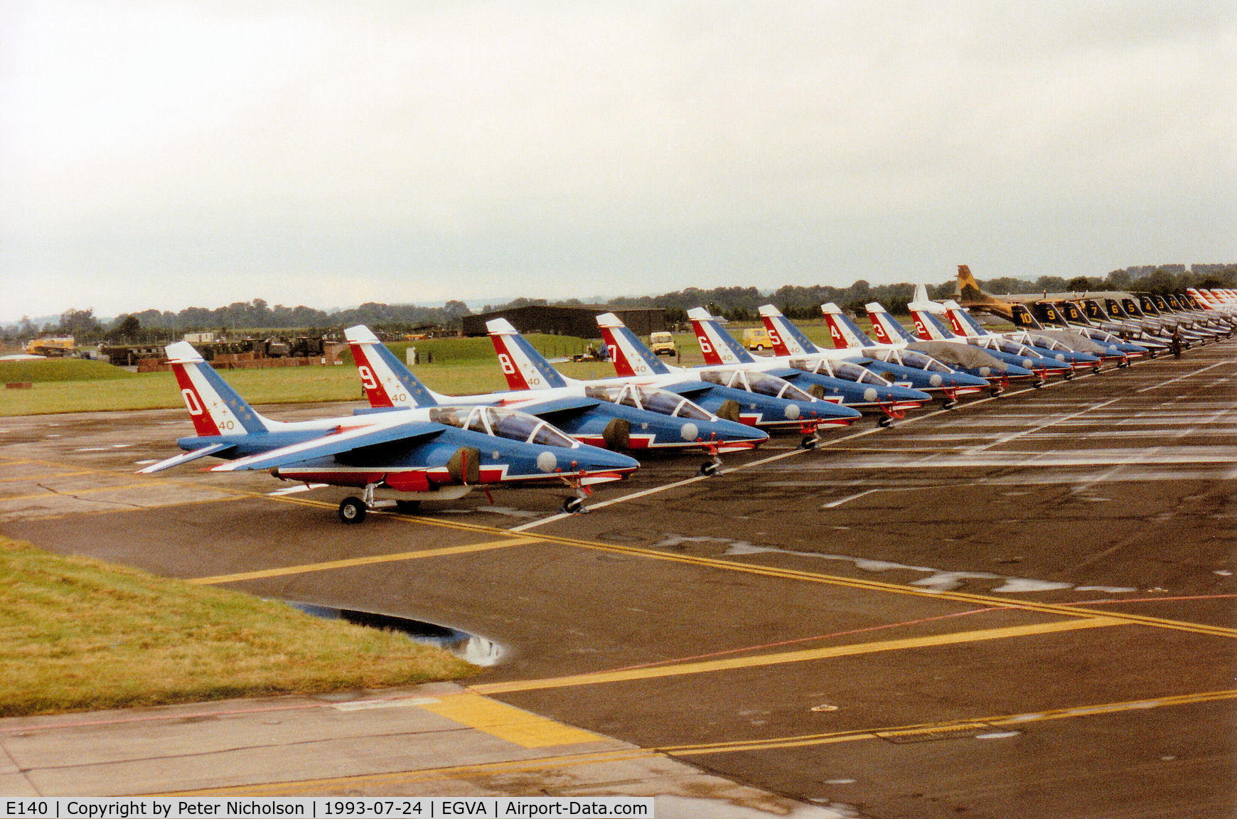 E140, 1981 Dassault-Dornier Alpha Jet E C/N E140, The Patrouille de France aerobatic display team on the flight-line at the 1993 Intnl Air Tattoo at RAF Fairford - the markings celebrate the team's 40th anniversary.