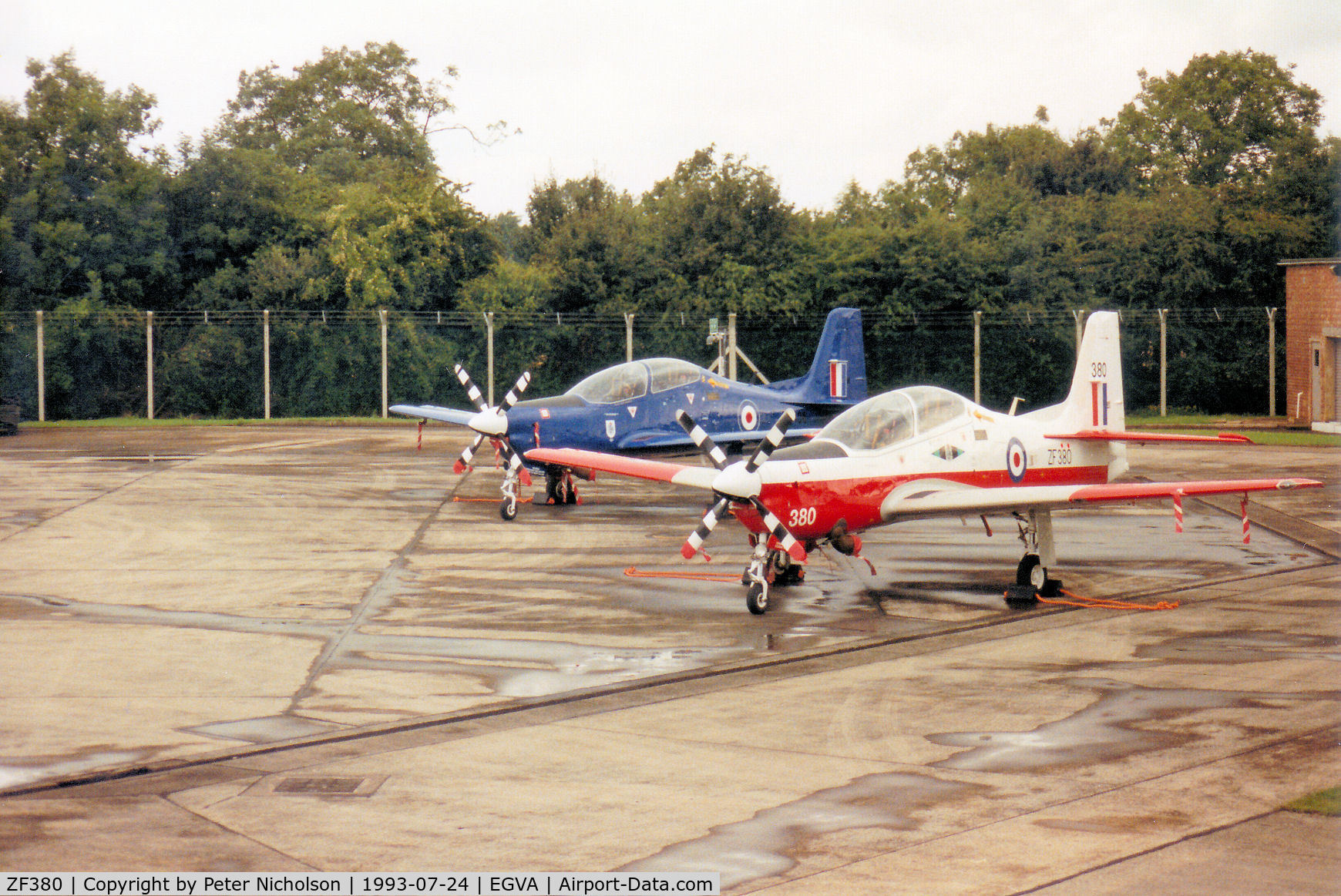 ZF380, 1992 Short S-312 Tucano T1 C/N S123/T94, Tucano T.1, callsign Rivet 1, of the Central Flying School with companion ZF 406 on the flight-line at the 1993 Intnl Air Tattoo at RAF Fairford.