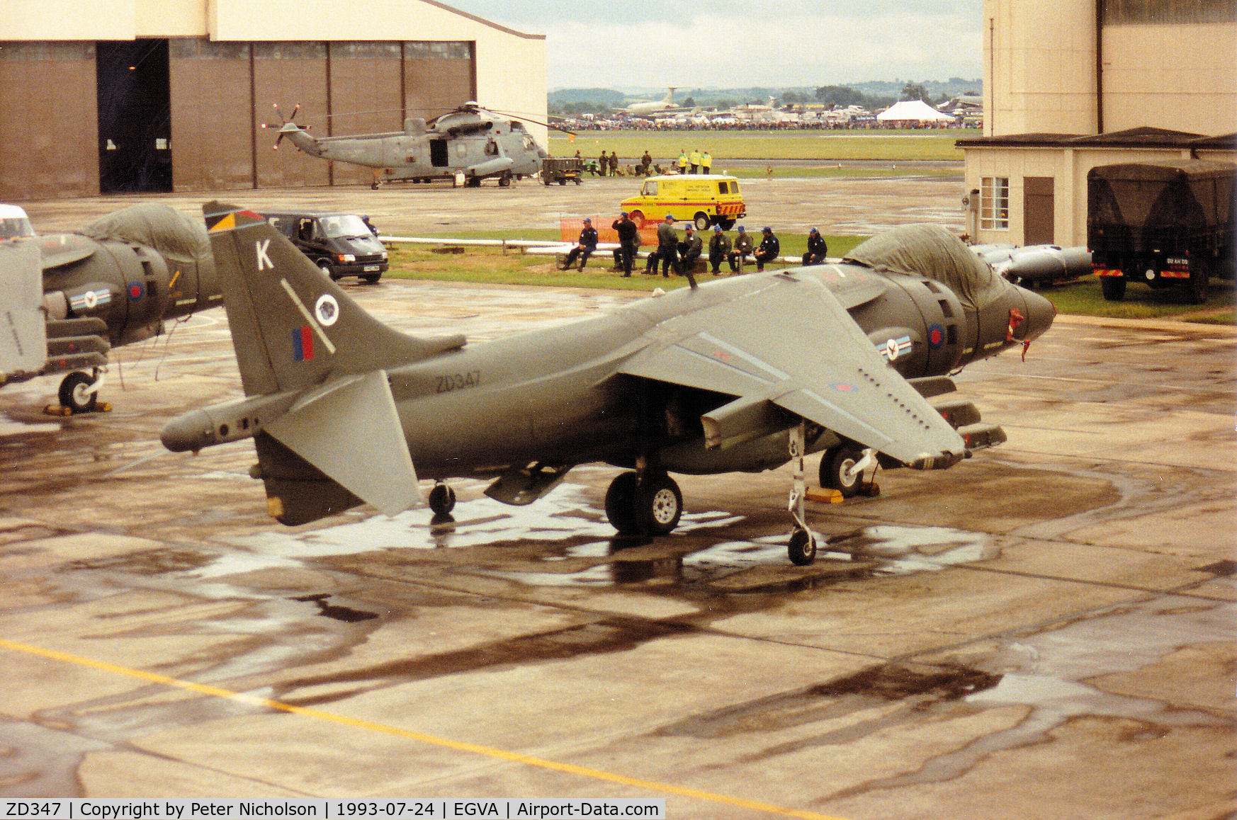 ZD347, 1988 British Aerospace Harrier GR.5 C/N P14, Harrier GR.5, callsign Wildcat 2, of RAF Wittering's 20[Reserve] Squadron on the flight-line at the 1993 Intnl Air Tattoo at RAF Fairford.