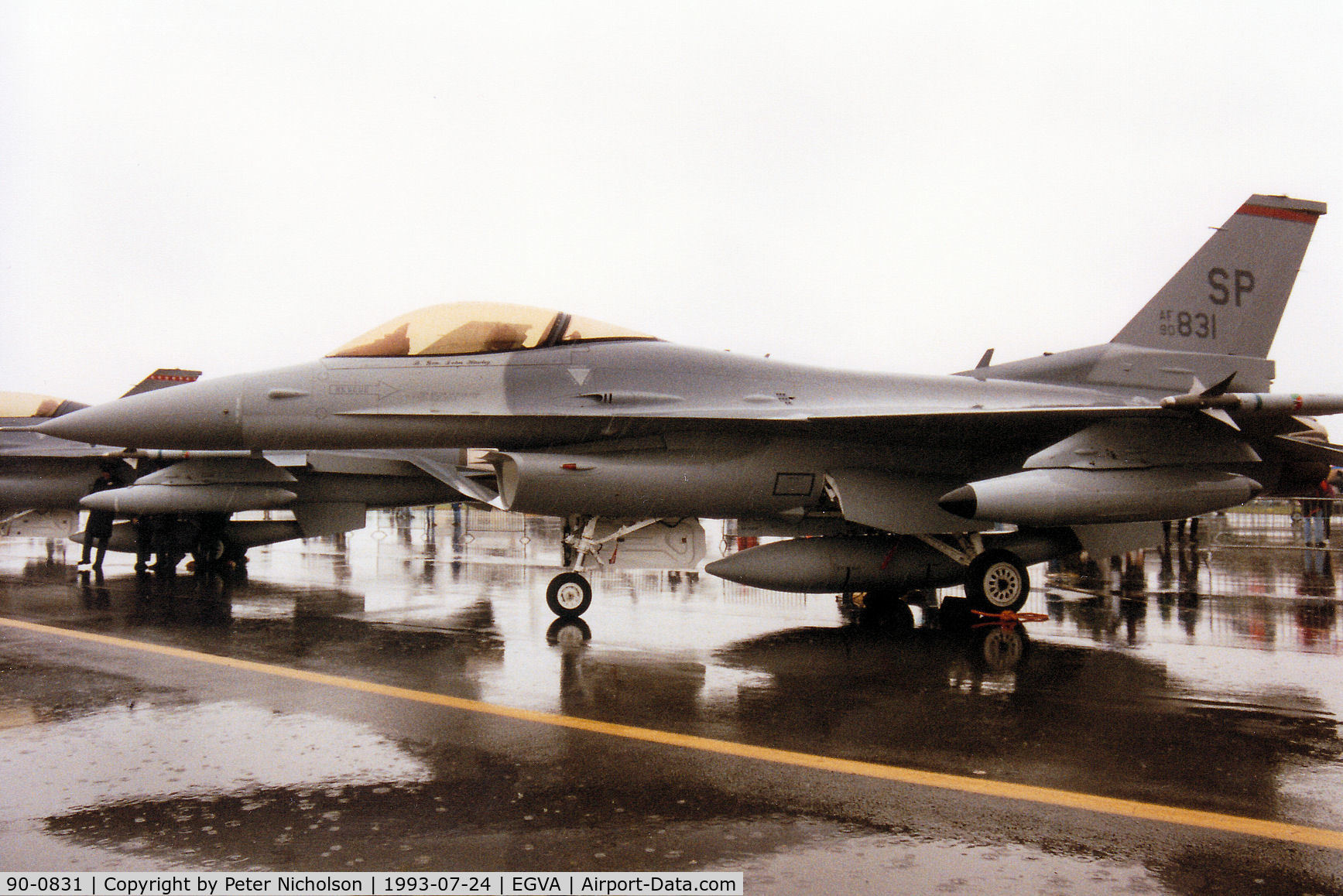 90-0831, 1990 General Dynamics F-16C Fighting Falcon C/N CC-31, Another view of Rust 01 from Spangdahlem's 480 Fighter Squadron/52nd Fighter Wing on display at the 1993 Intnl Air Tattoo at RAF Fairford - the weather conditions had changed from earlier.