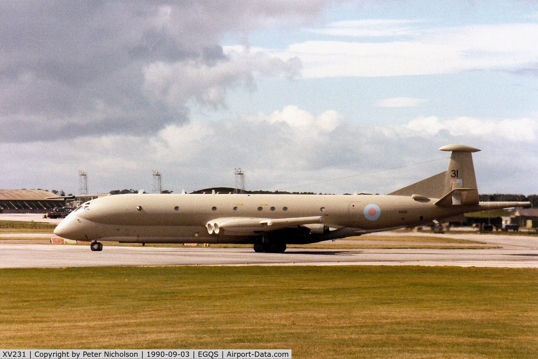 XV231, Hawker Siddeley Nimrod MR.2 C/N 8006, Nimrod MR.2 of the Kinloss Maritime Wing turning onto Runway 23 at RAF Lossiemouth after a visit in September 1990.