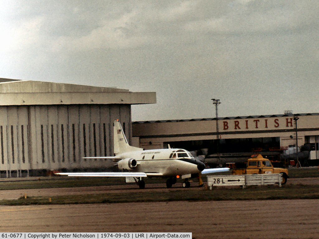 61-0677, 1961 North American CT-39A Sabreliner C/N 265-80, T-39A Sabreliner visiting London Heathrow in September 1974.
