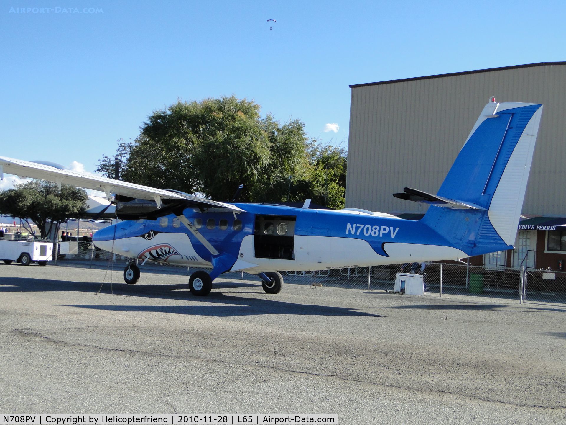 N708PV, 1976 De Havilland Canada DHC-6-300 Twin Otter C/N 489, Tied down and parked near sky diving loading area