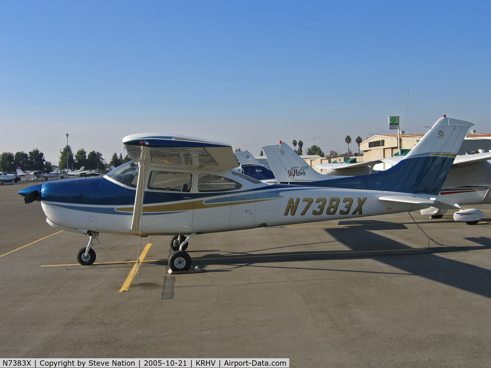 N7383X, 1977 Cessna R182 Skylane RG C/N R18200094, Locally-based 1977 Cessna R182 with sharp custom paint scheme in bright sunshine @ Reid-Hillview Airport, San Jose, CA
