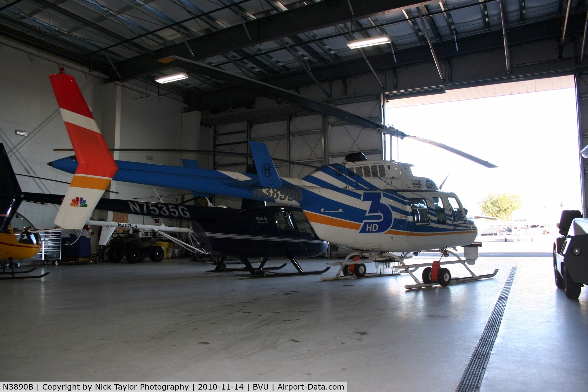 N3890B, 1980 Bell 206L-1 LongRanger II C/N 45480, Sitting in the hangar with N7535G, N203LH, and N6703S
