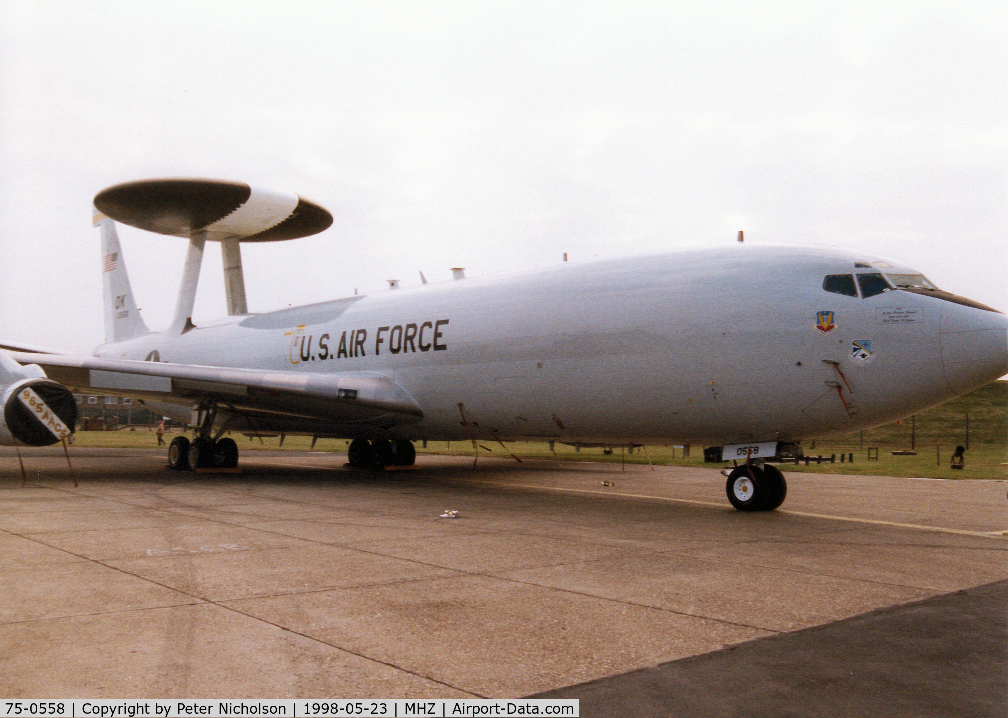 75-0558, 1975 Boeing E-3B (707) Sentry C/N 21208, E-3B Sentry of the 965th Airborne Air Control Squadron/552nd Air Control Wing on display at the 1998 RAF Mildenhall Air Fete.