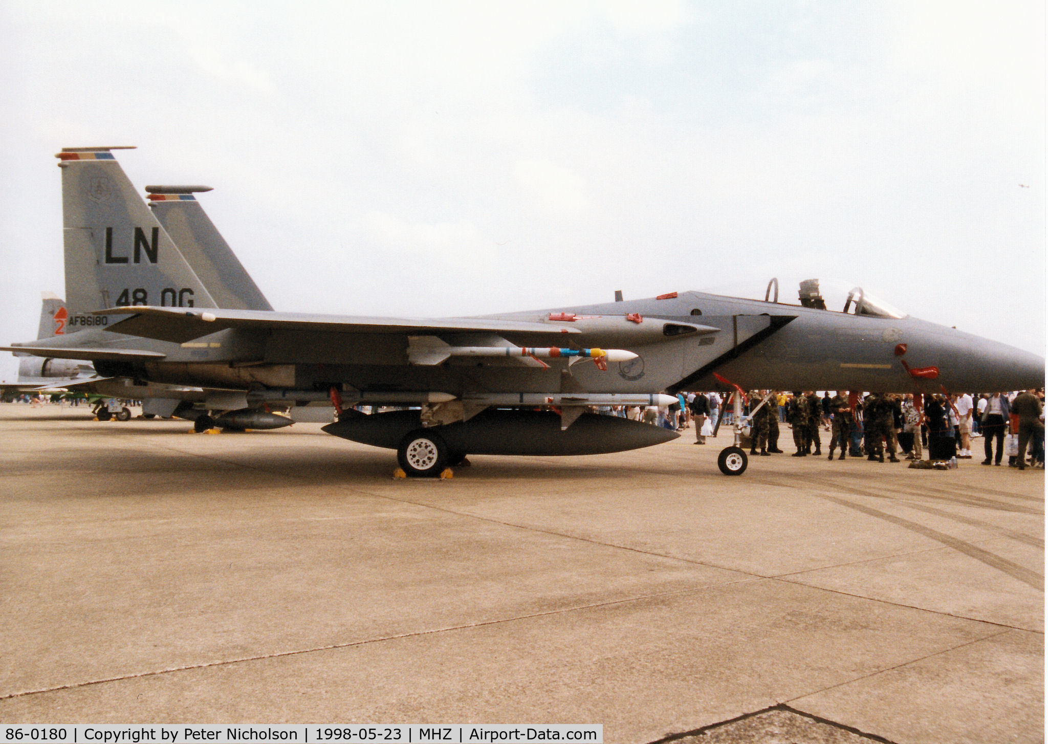 86-0180, 1986 McDonnell Douglas F-15C Eagle C/N 1033/C408, F-15C Eagle of the 48th Fighter Wing at RAF Lakenheath with special markings for the 48th Operations Group Commanding Officer on display at the 1998 RAF Mildenhall Air Fete.