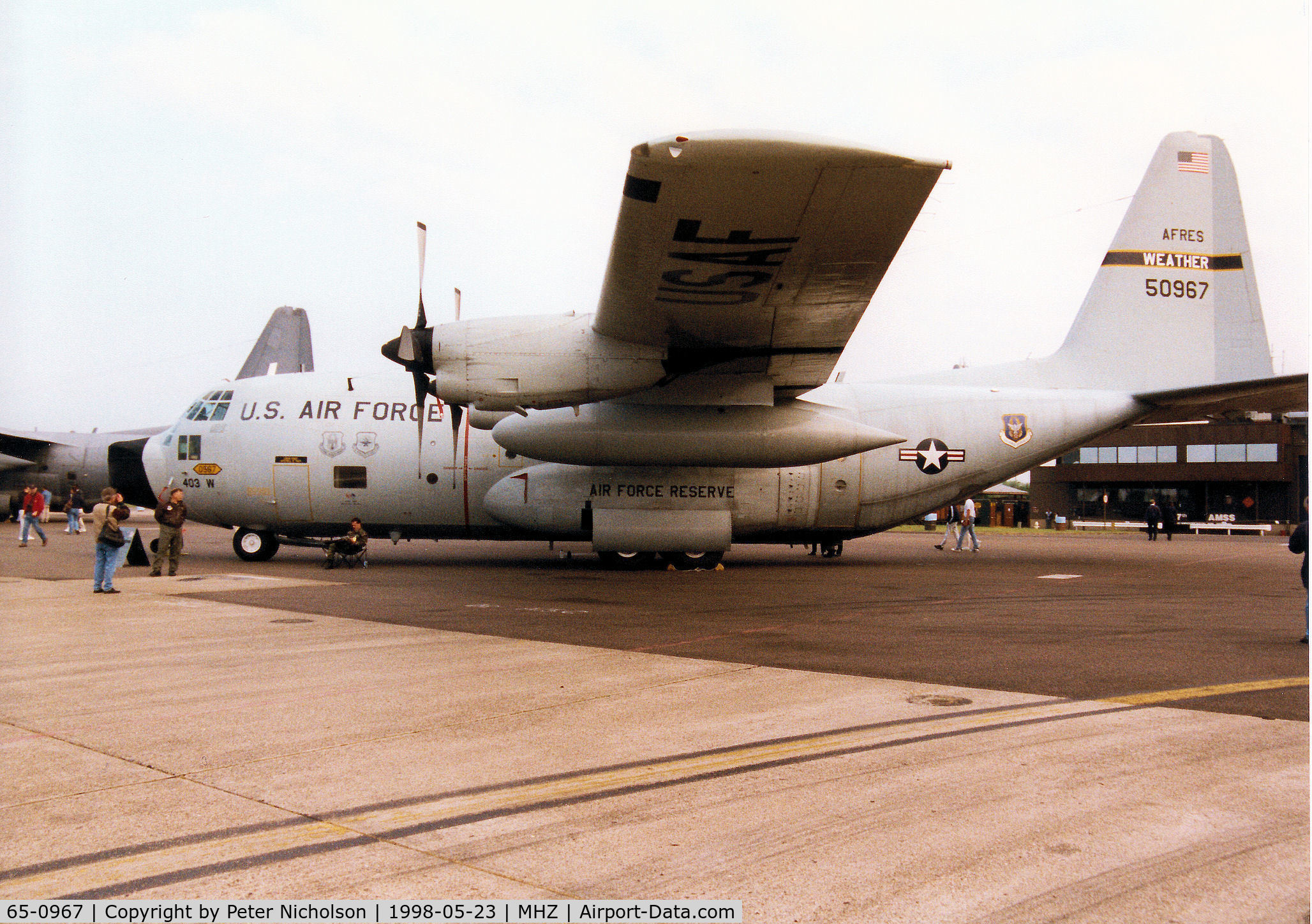65-0967, 1965 Lockheed WC-130H Hercules C/N 382-4108, WC-130H Hercules of the 53rd Weather Reconnaissance Squadron at Keesler AFB on display at the 1998 RAF Mildenhall Air Fete.