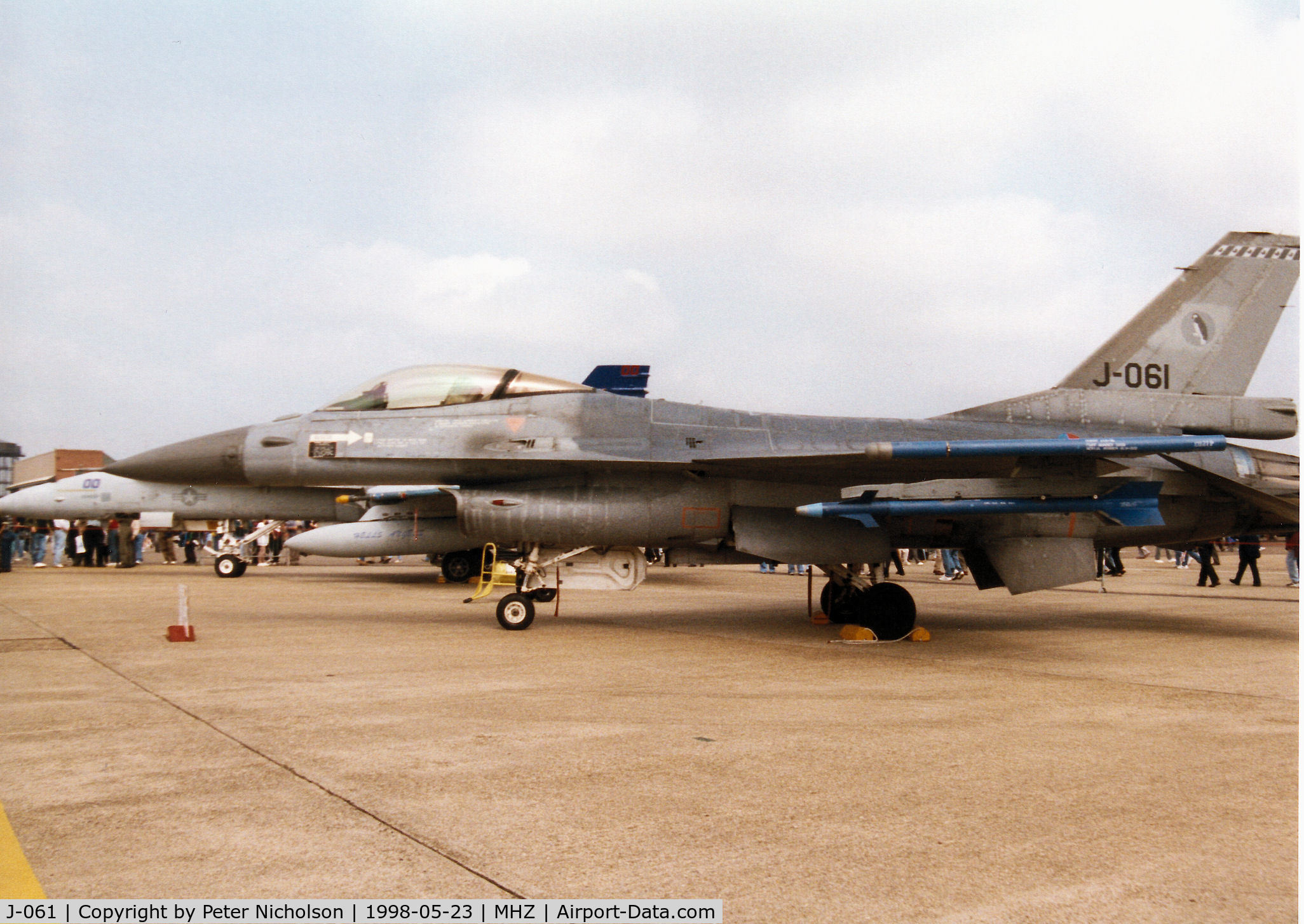 J-061, Fokker F-16AM Fighting Falcon C/N 6D-144, Anorther view of this Leeuwarden based F-16A Falcon of the Royal Netherlands Air Force on display at the 1998 RAF Mildenhall Air Fete.