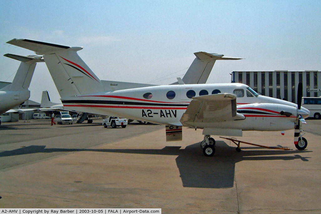 A2-AHV, Beech F90 King Air C/N LA-212, Beech F90-1 King Air [LA-212] Lanseria~ZS 05/10/2003. Written off after over-running runway on landing .Hot engine exhausts ignited bushes resulting in a fire which destroyed the aircraft on 19-01-2009