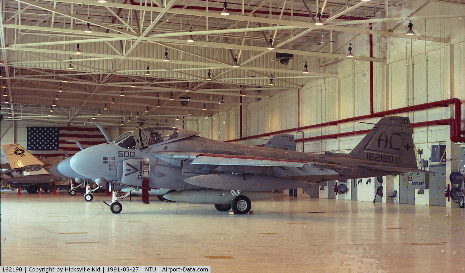 162190, Grumman A-6E Intruder C/N I-683, Photo taken 27 March 1991 in VA-75 hanger at NAS Oceana, Virgina Beach, VA.