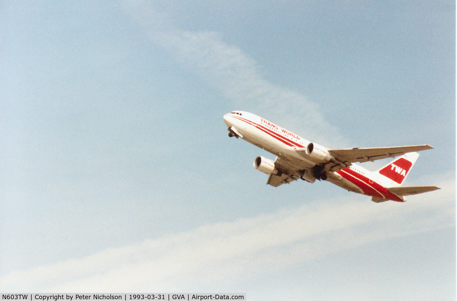 N603TW, 1982 Boeing 767-231 C/N 22566, Trans-World Airlines Boeing 767-231 climbing out of Geneva in March 1993.