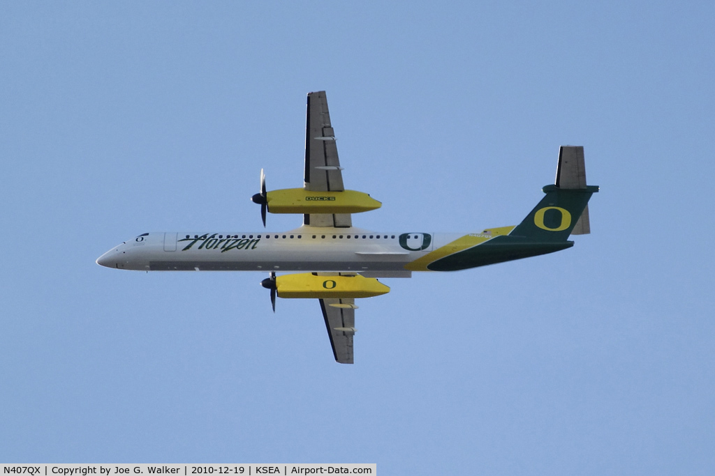 N407QX, 2001 Bombardier DHC-8-402 Dash 8 C/N 4049, Seen in the colors of the University of Oregon Ducks is this Horizon Air Q400. Aircraft replaces the CRJ that was in the same scheme.