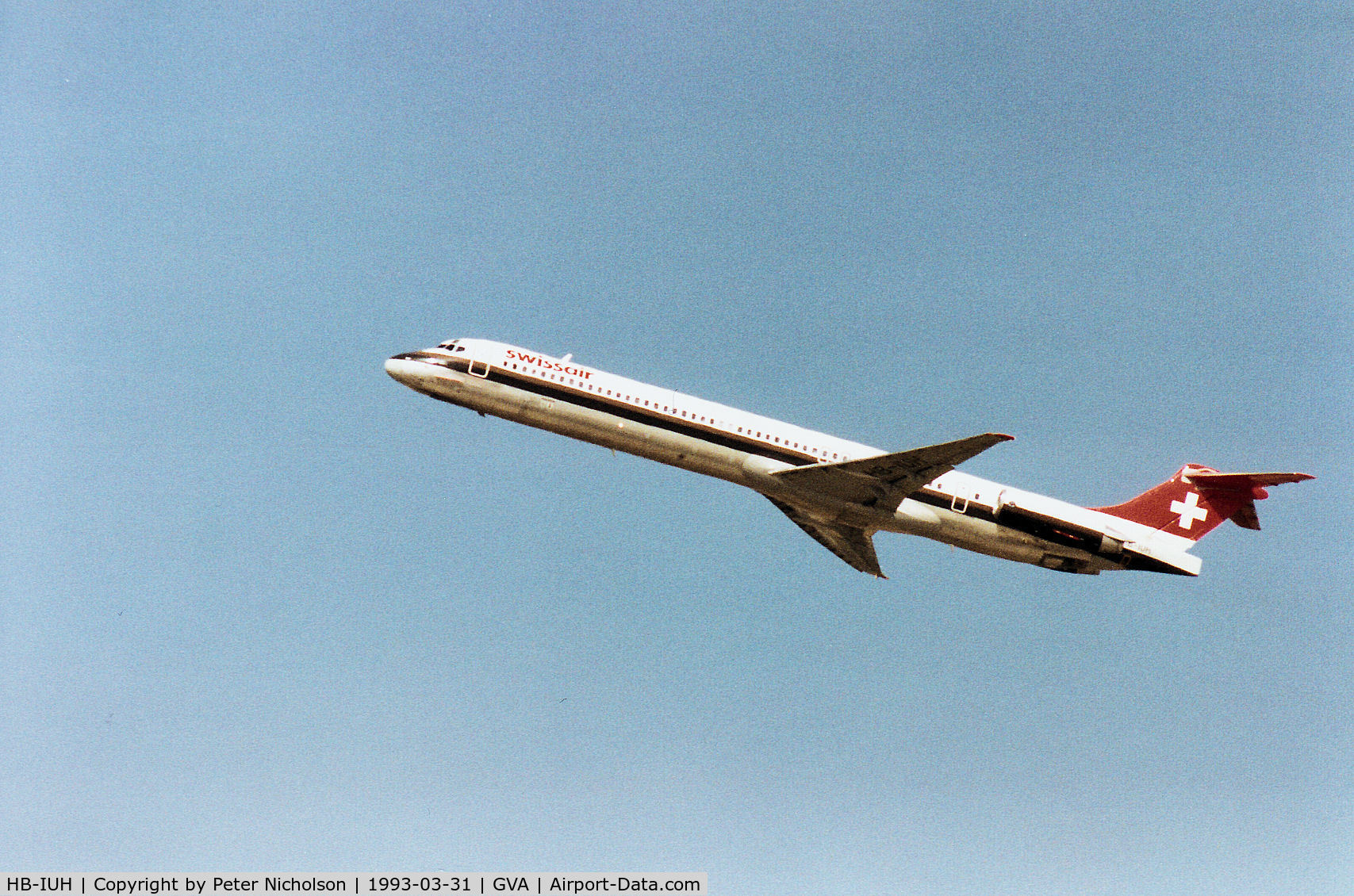 HB-IUH, 1991 McDonnell Douglas MD-83 (DC-9-83) C/N 53150, Swissair MD-83 clikmbing out of Geneva in March 1993.