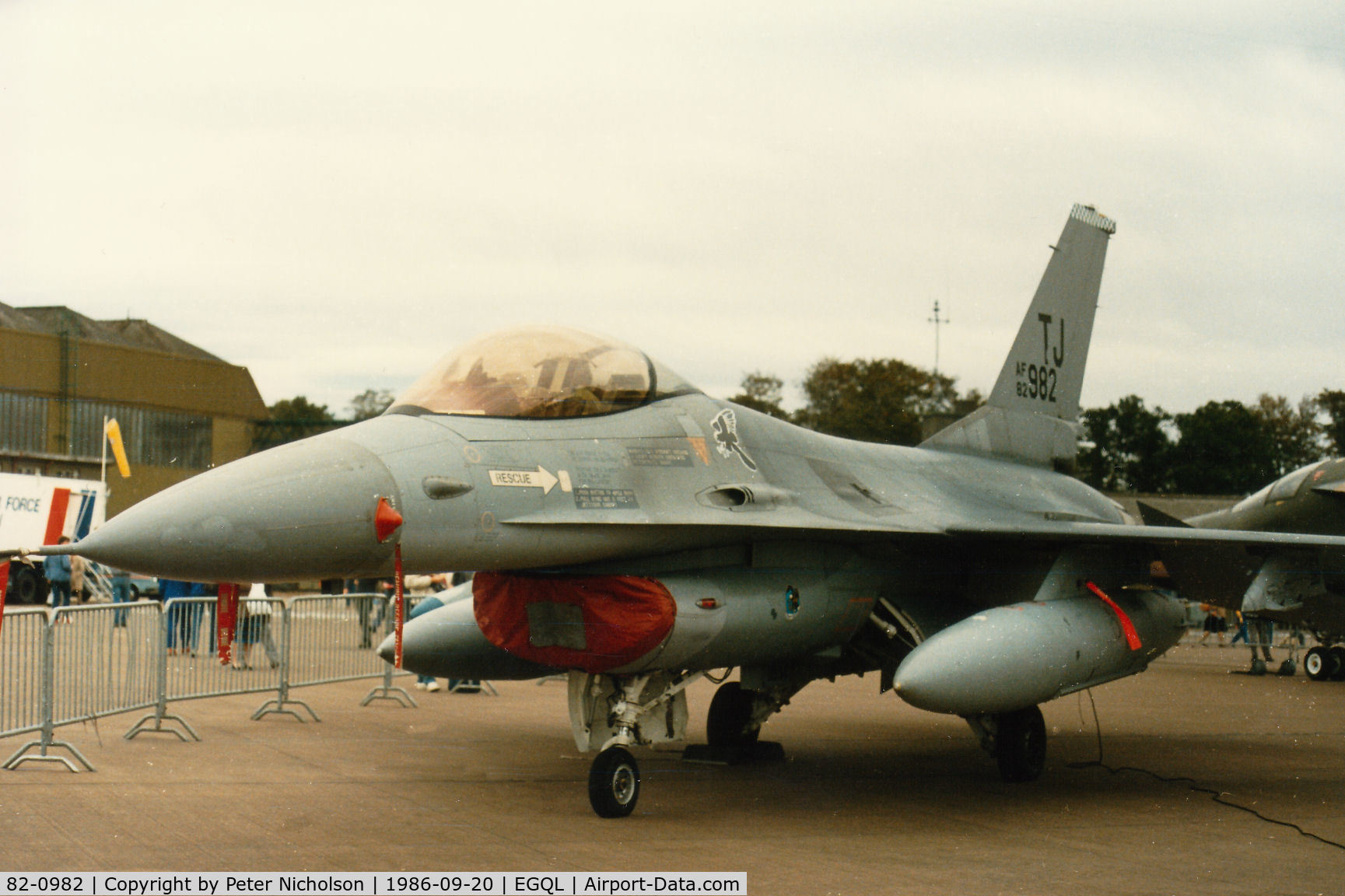82-0982, 1982 General Dynamics F-16A Fighting Falcon C/N 61-575, F-16A Falcon of 612th Tactical Fighter Squadron/401st Tactical Fighter Wing based at Torrejon on display at the 1986 RAF Leuchars Airshow.