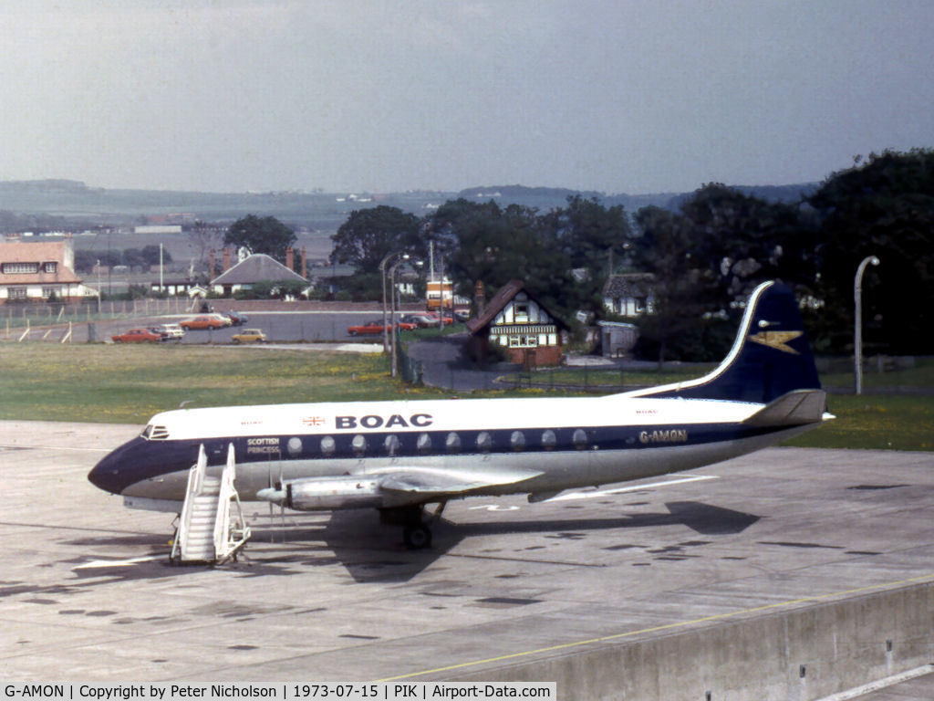 G-AMON, 1953 Vickers Viscount 701 C/N 27, Viscount 701 named Scottish Princess of BOAC at the terminal at Prestwick in the Summer of 1973.