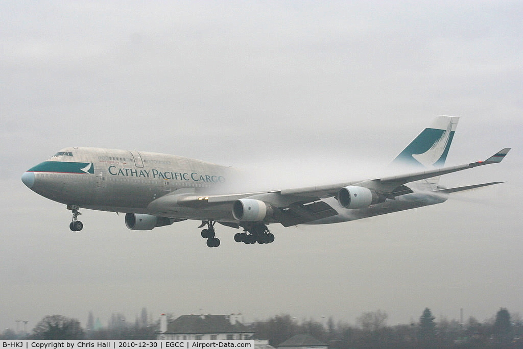 B-HKJ, 1993 Boeing 747-412BCF C/N 27133, Cathay Pacific Cargo B747 coming through the fog on approach to RW23R