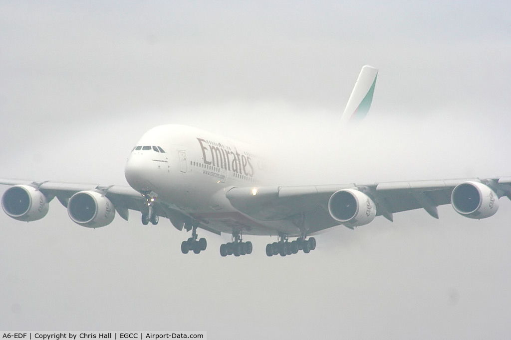 A6-EDF, 2006 Airbus A380-861 C/N 007, Emirates A380 coming through the fog on approach to RW23R