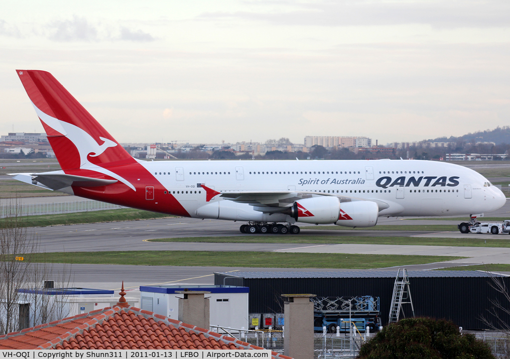 VH-OQI, 2010 Airbus A380-842 C/N 055, Trackted to the gate before delivery...