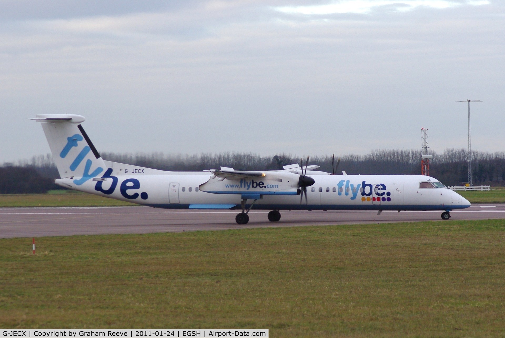 G-JECX, 2007 De Havilland Canada DHC-8-402Q Dash 8 C/N 4155, About to depart from Norwich.