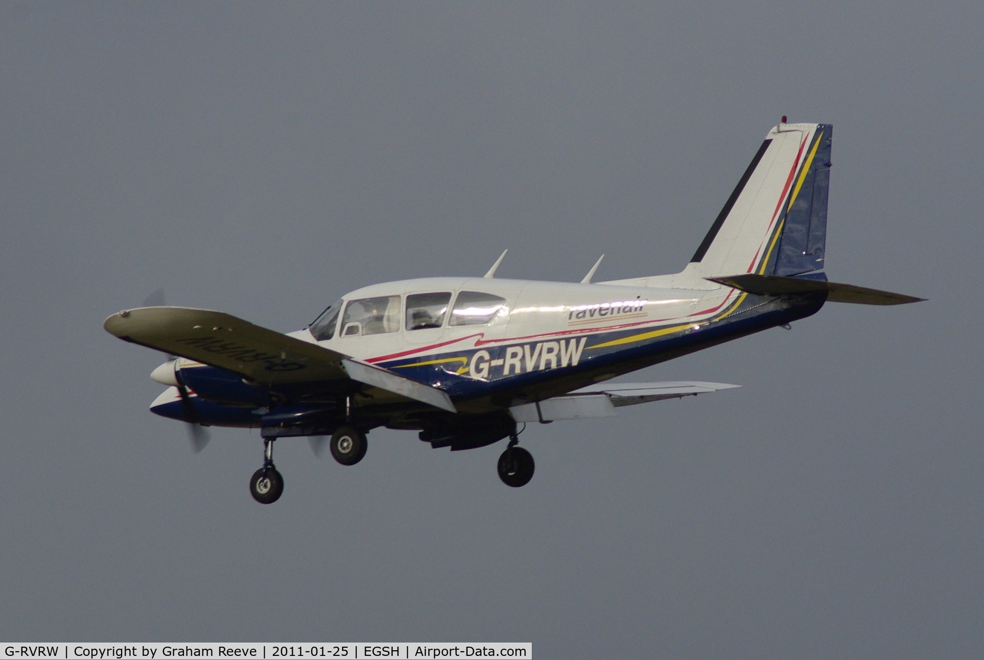 G-RVRW, 1973 Piper PA-23-250 Aztec E C/N 27-7305045, About to land at Norwich.