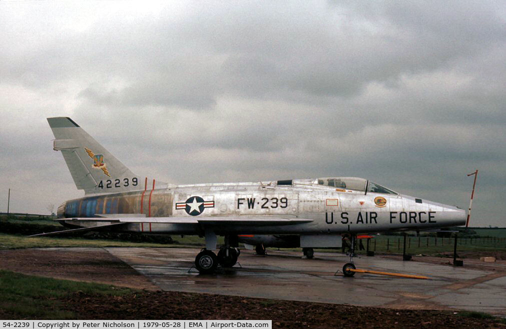 54-2239, 1954 North American F-100D Super Sabre C/N 223-119, F-100D Super Sabre on display at the East Midlands Airport in May 1979 and now preserved at Toulouse.