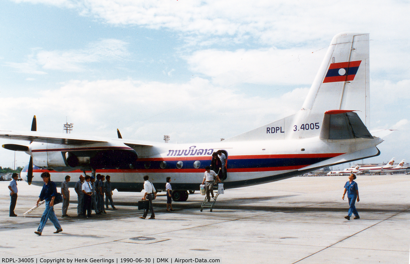 RDPL-34005, 1973 Antonov An-24RV C/N 67310609, Lao Aviation , arvl BKK Don Muang Airport , Jun '90