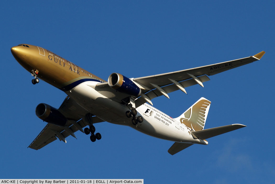 A9C-KE, 2000 Airbus A330-243 C/N 334, Airbus A330-243 [334] (Gulf Air) Home~G 18/01/2011. Wearing F1 2011 titles.