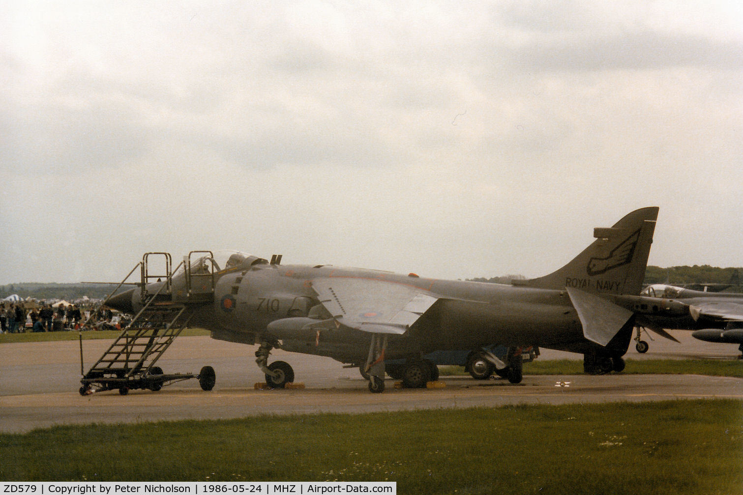 ZD579, 1985 British Aerospace Sea Harrier FRS.1 C/N 41H-912042/B36/P14, Sea Harrier FRS.1 of 899 Squadron based at RNAS Yeovilton on the flight-line at the 1986 RAF Mildenhall Air Fete.