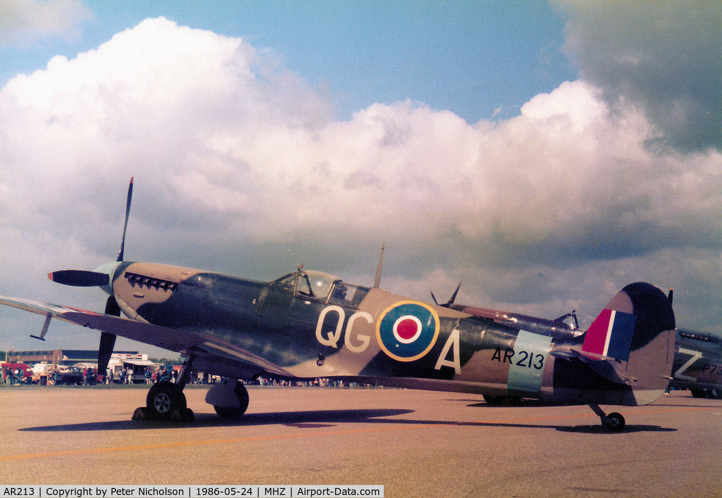 AR213, 1941 Supermarine 300 Spitfire Mk1A C/N WASP/20/2, Spitfire 1A in markings of 53 Operational Training Unit on display at the 1986 RAF Mildenhall Air Fete.