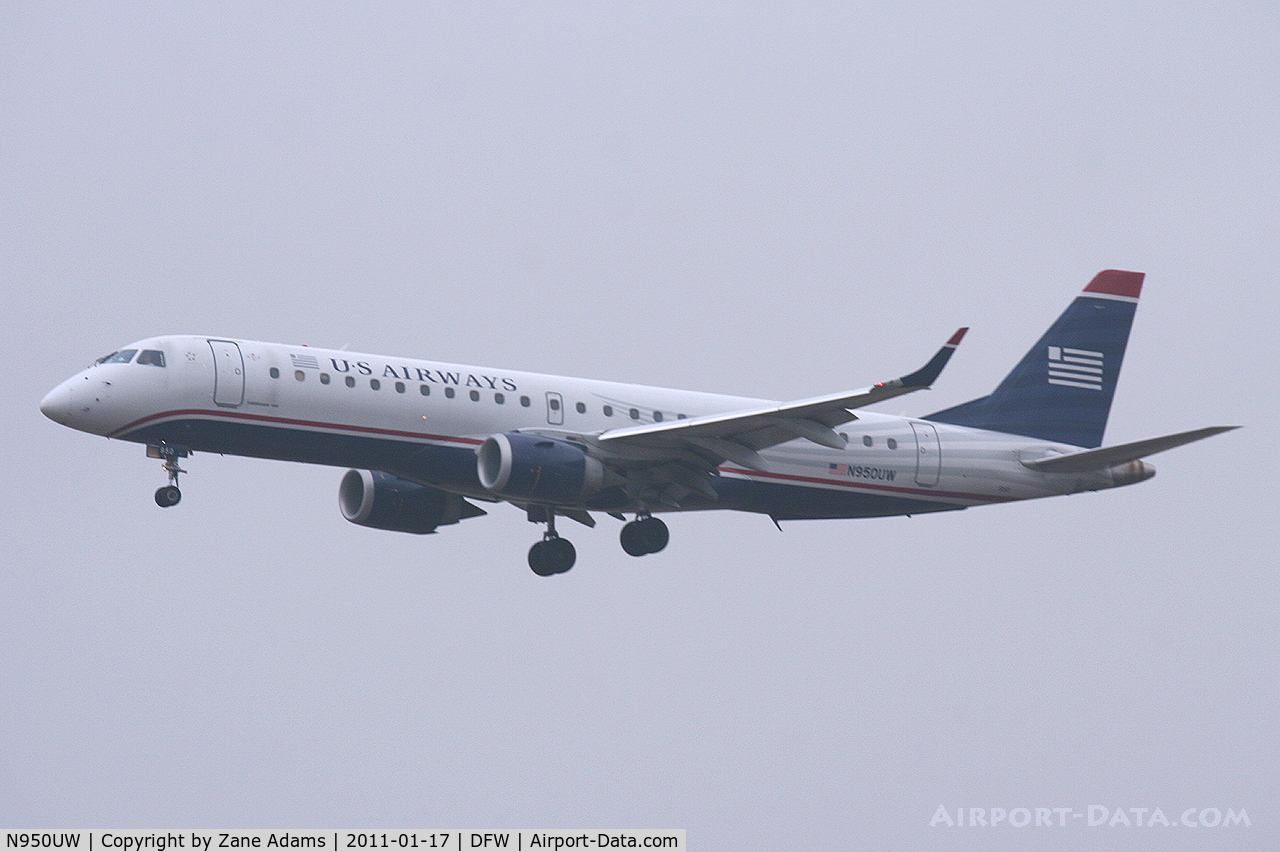 N950UW, 2007 Embraer ERJ-190-100 IGW 190AR C/N 19000106, US Air landing at DFW Airport