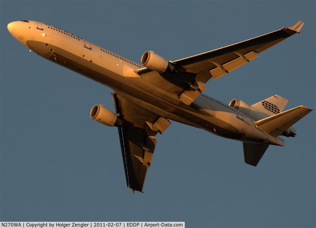 N270WA, McDonnell Douglas MD-11 C/N 48449, Departing LEJ in beautiful last sunlight.