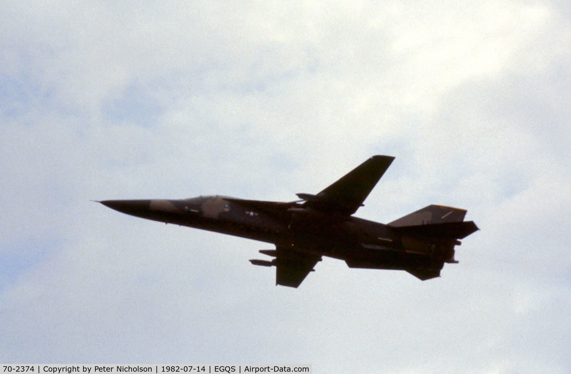 70-2374, 1970 General Dynamics F-111F Aardvark C/N E2-13, F-111F of 492nd Tactical Fighter Squadron of RAF Lakenheath's 48th Tactical Fighter Wing on a practice approach to RAF Lossiemouth in the Summer of 1982.