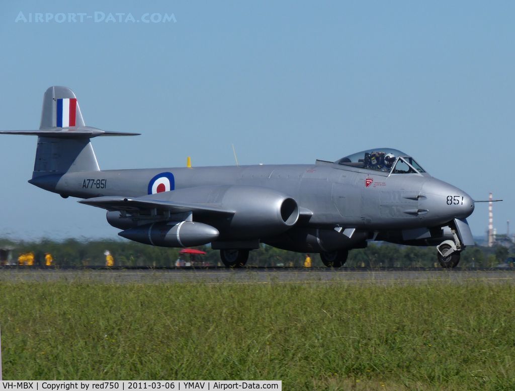 VH-MBX, 1950 Gloster Meteor F.8 C/N G5/361641, Gloster Meteor F8 painted as A77-851 at Avalon International Air Show 2011