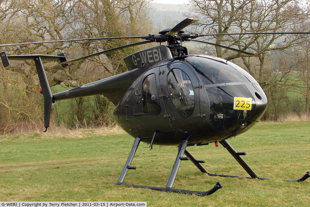 G-WEBI, 1999 MD Helicopters 369E C/N 0544E, Visitor to Day 1 of the 2011 Cheltenham Horseracing Festival