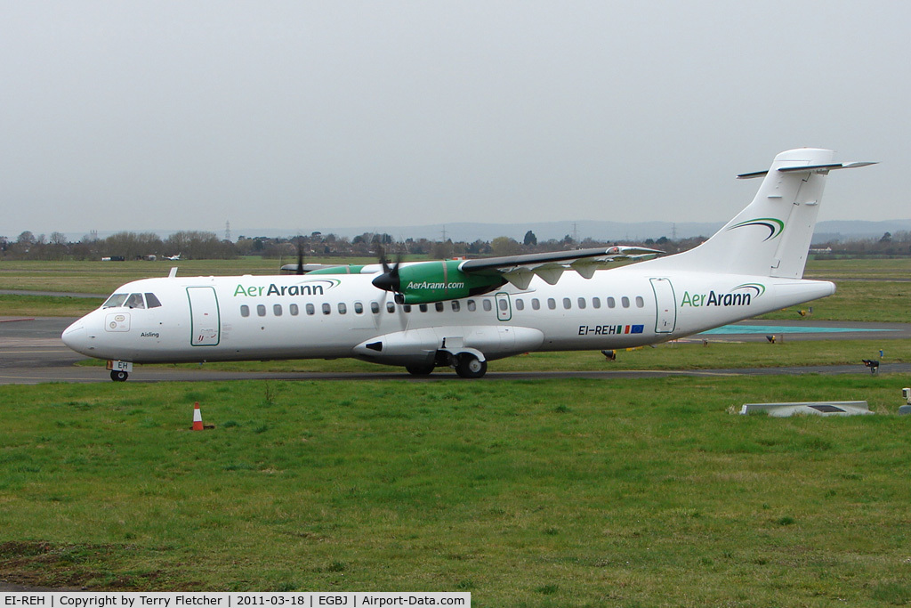 EI-REH, 1991 ATR 72-202 C/N 260, Aer Arran 1991 ATR 72-202, c/n: 260 brings in a Charter of Horseracing fans for the Cheltenham Gold Cup meeting
