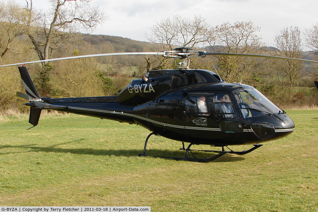 G-BYZA, 1992 Aerospatiale AS-355F-2 Ecureuil 2 C/N 5518, A visitor to Cheltenham Racecourse on 2011 Gold Cup Day
