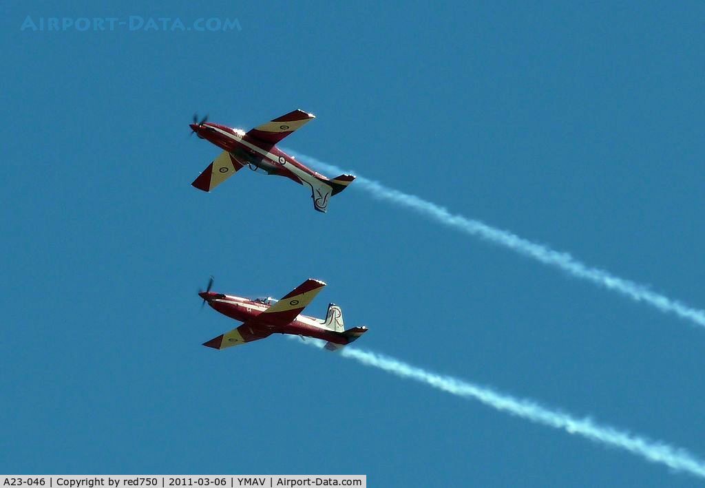 A23-046, Pilatus PC-9A C/N 546, RAAF Roulettes mirror formation at the 90th anniversary of the RAAF at Avalon Air Show 2011