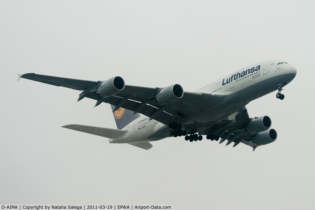 D-AIMA, 2010 Airbus A380-841 C/N 038, D-AIMA landing at EPWA.