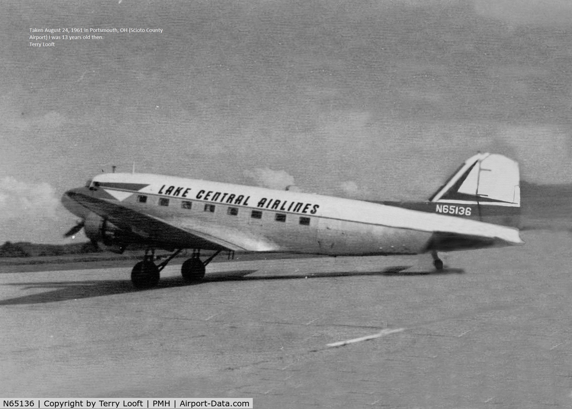 N65136, 1946 Douglas DC3A C/N 19648, Taken August 24, 1961 in Portsmouth, OH (Scioto County Airport) I was 13 years old then. 
Terry Looft tlooft at earthlink.net