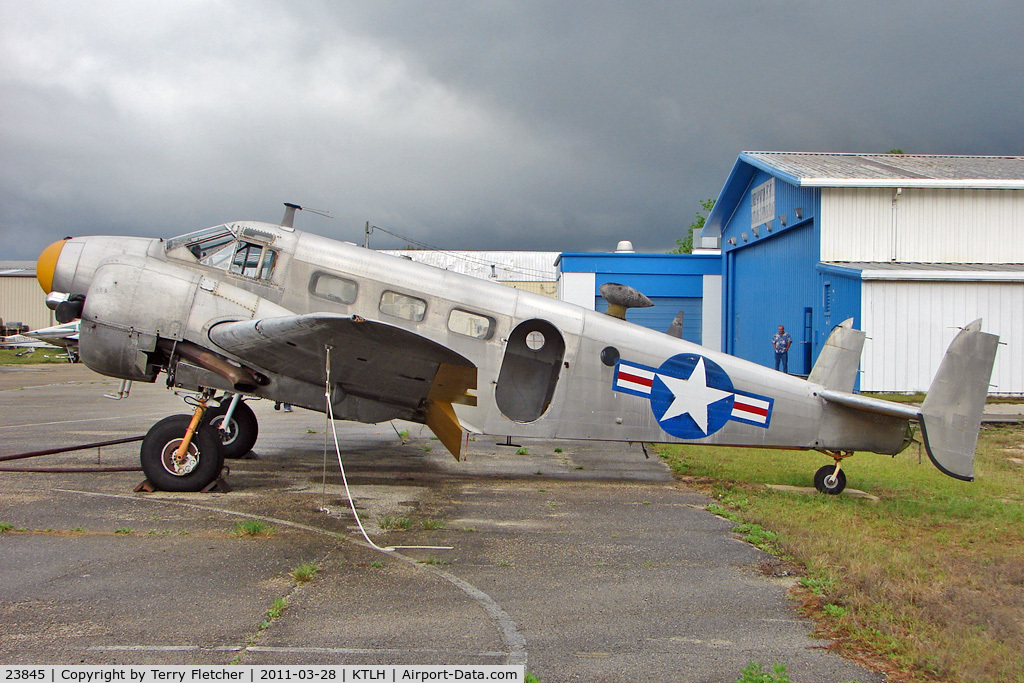 23845, Beech UC-45J Expeditor C/N 23845, No markings but identified by Robert Parmerter
as ex Bu23845 Donated to Leon County School Board,  
Tallahasse, FL reg’d 2Jul69 as N2672