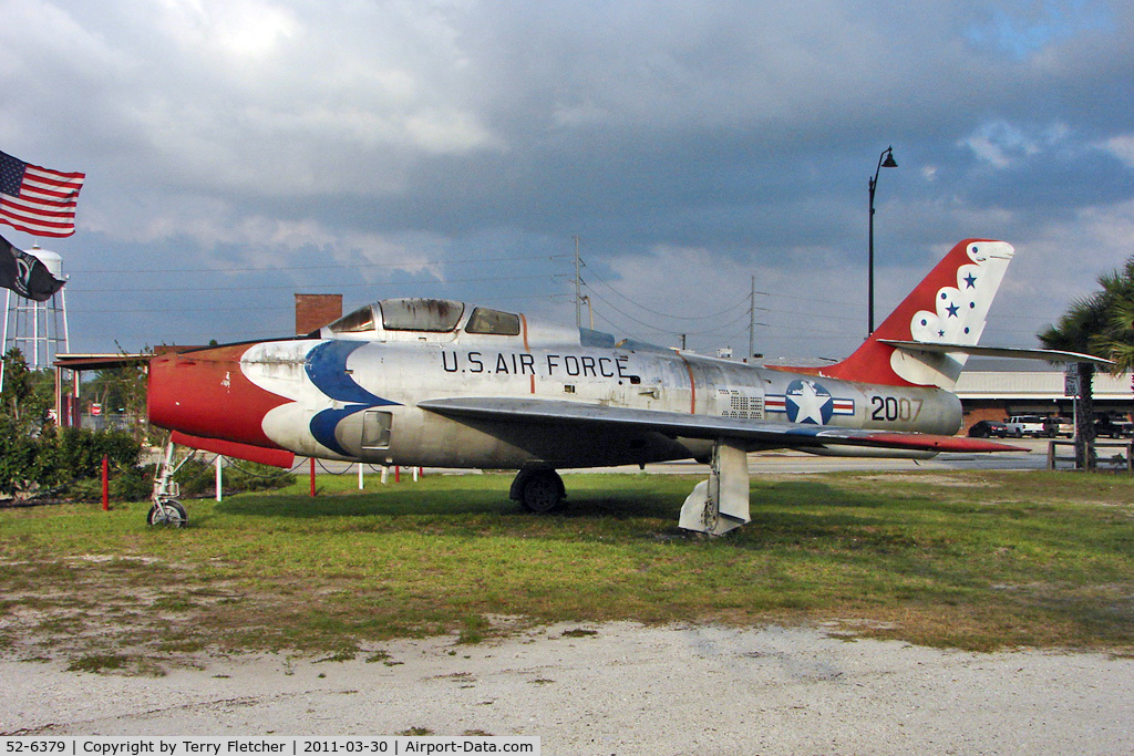 52-6379, 1951 Republic F-84F-30-RE Thunderstreak C/N Not found 51-1797, located in a park along Highway 17 in Wauchula, FL