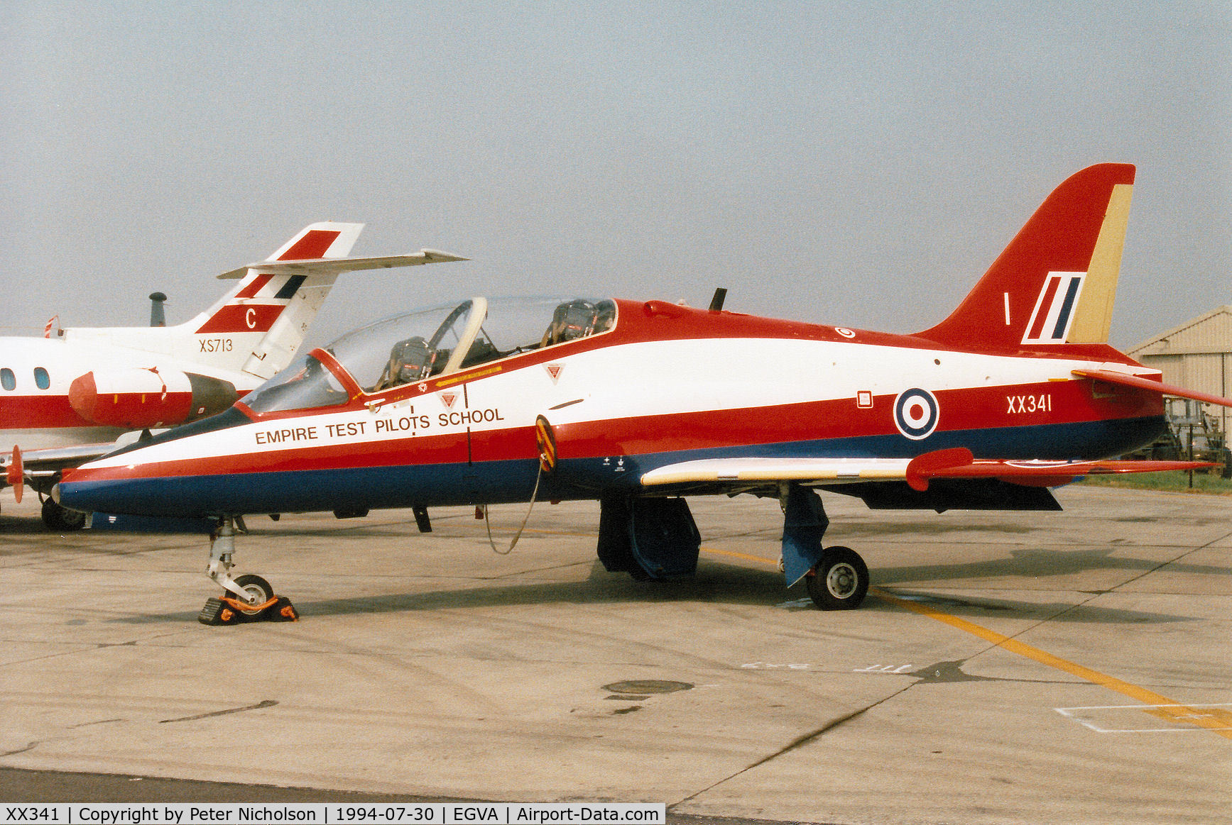 XX341, 1980 Hawker Siddeley Hawk T.1 C/N 190/312165, Hawk T.1 ASTRA of the Empire Test Pilots School at Boscombe Down on display at the 1994 Intnl Air Tattoo at RAF Fairford.