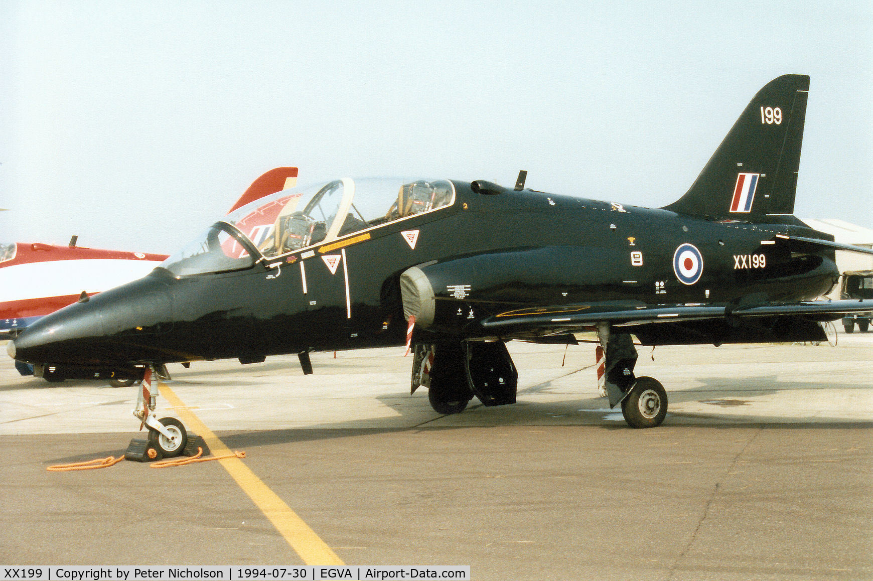 XX199, 1978 Hawker Siddeley Hawk T.1A C/N 046/312046, Hawk T.1A, callsign Tiger, of 74[Reserve] Squadron on display at the 1994 Intnl Air Tattoo at RAF Fairford.