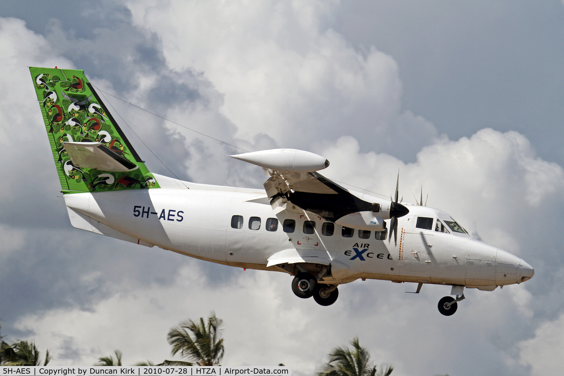 5H-AES, 1996 Let L-410UVP-E9 Turbolet C/N 871811, Nice shot of an Air Excel LET 410 landing at Zanzibar