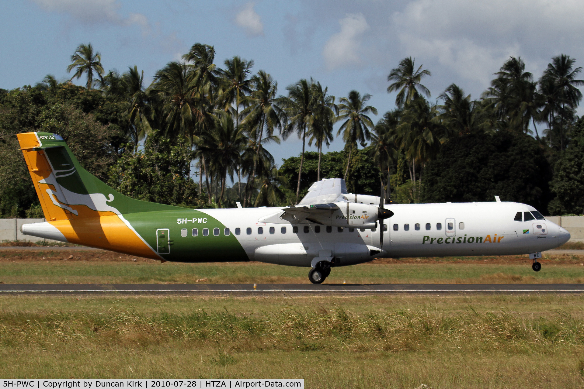 5H-PWC, 2009 ATR 72-212A C/N 866, Precision ATR-72 touching down at Zanzibar
